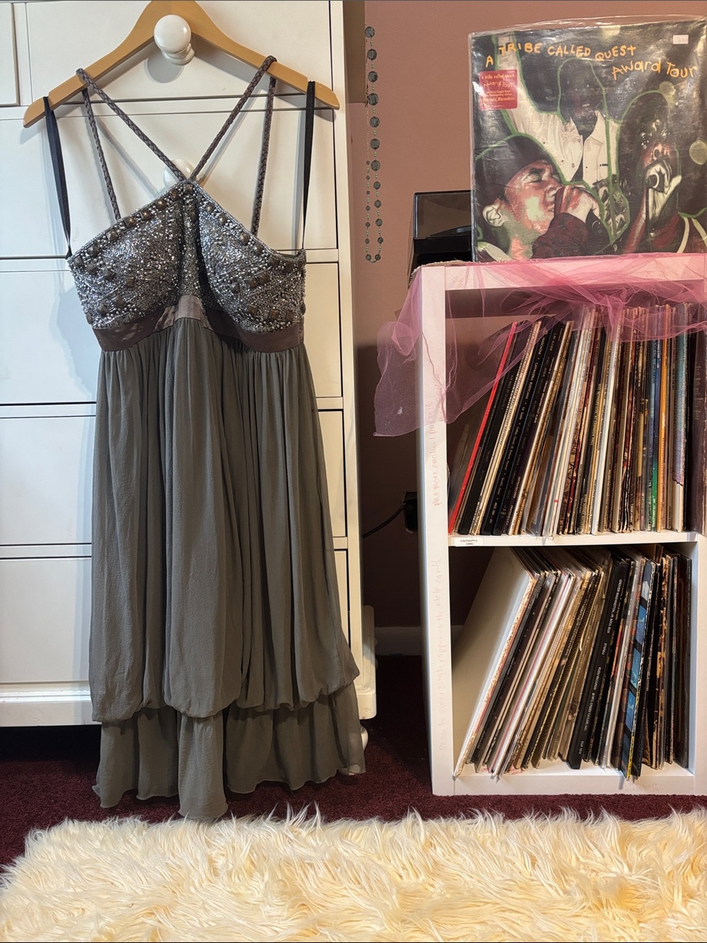 Vintage Y2K Silk Mac Duggal Beaded Designer Babydoll Dress Cocktail Green 8 Cute